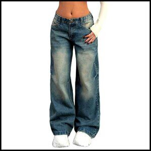 Y2K Wide Leg Jeans Low Rise Boyfriend Denim Stretchy Baggy Loose Fit